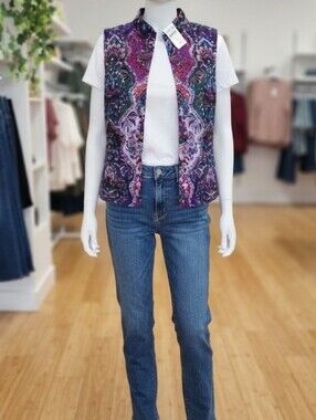 Coldwater Creek Sleeveless Mock Neck Beaded Purple & green paisley Tapestry Vest